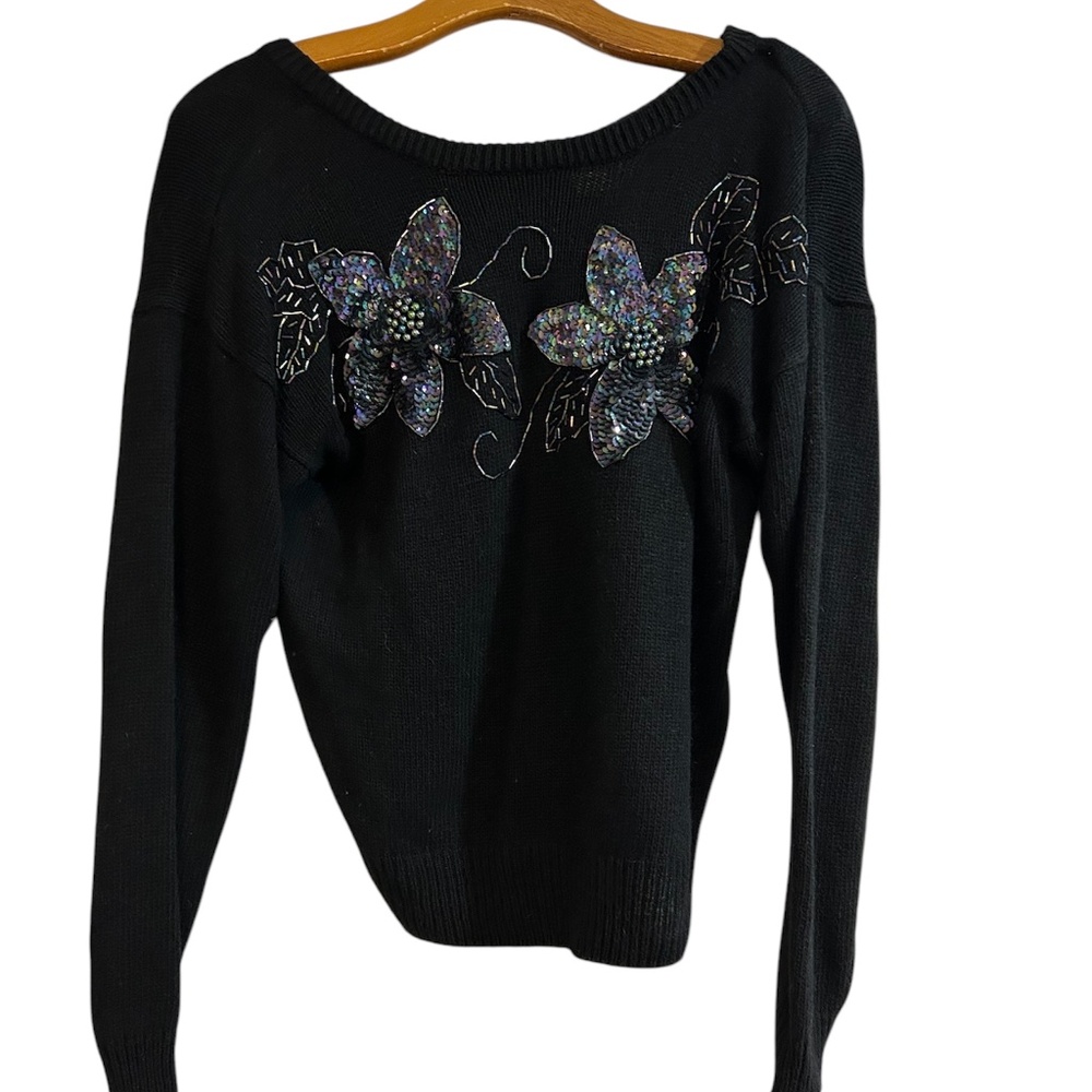 Silk Angora Black Beaded Sequins Sweater Long Sleeve Vintage Special Occasion
